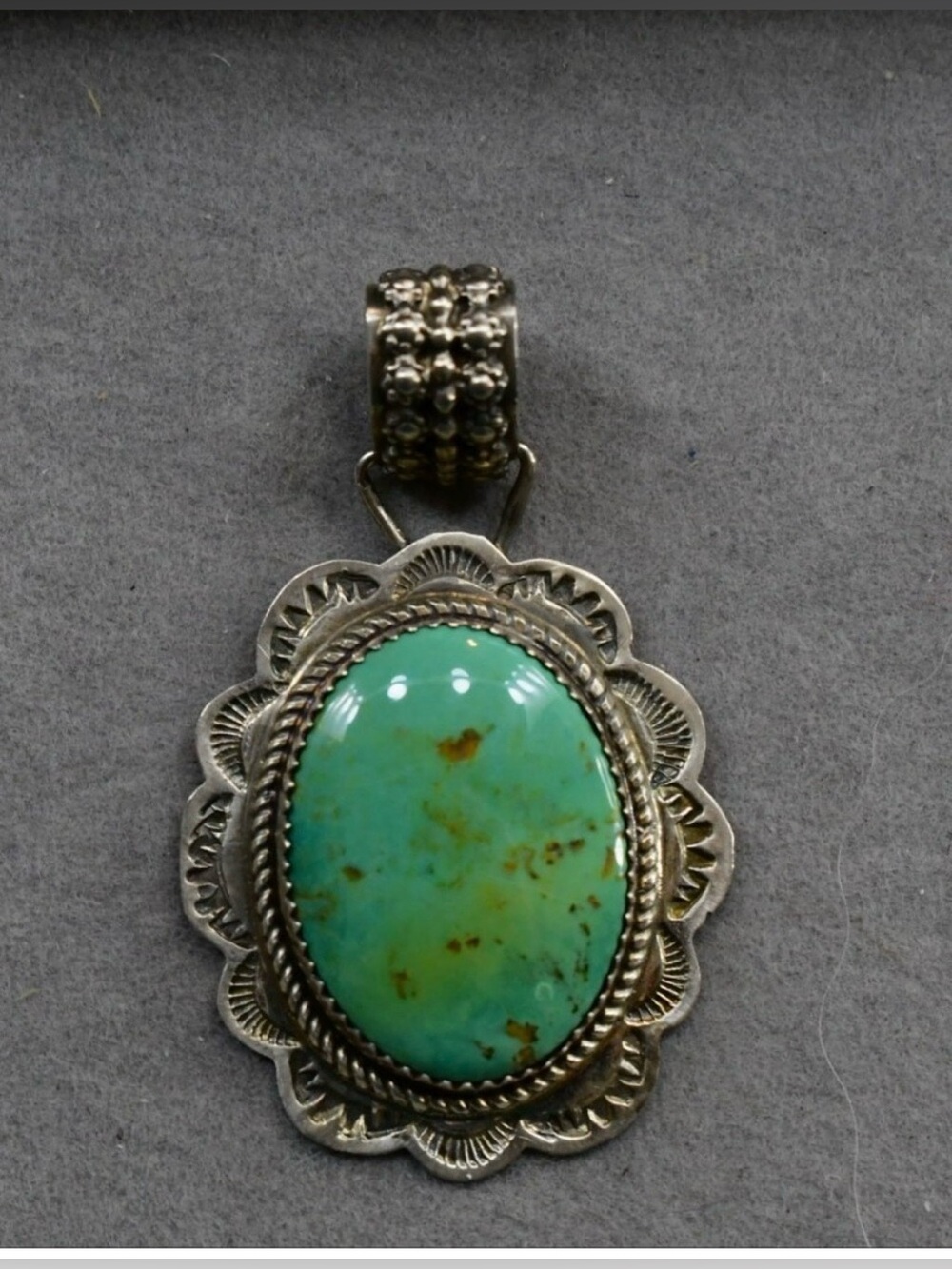 Green Turquoise Oval & Sterling Silver Pendant, by P Sanchez Native American